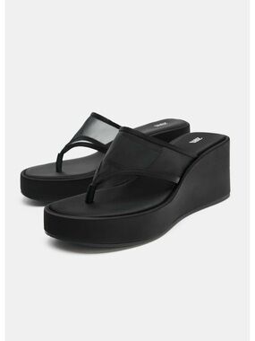 Zara Black Platform Wedge Thong Sandals